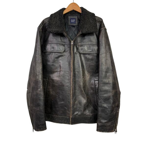 Gap Leather Bomber Jacket Cowhide OLD XL Black Sherpa Collar Trucker Vintage - Picture 1 of 11